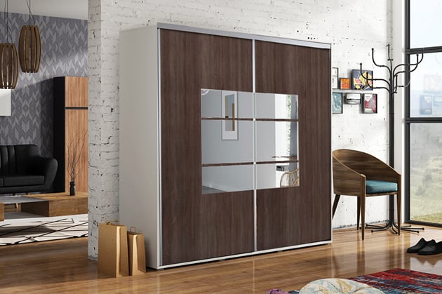 ŠATNÍ SKŘÍŇ ALENA 2 200/215/62 SE ZRCADLEM BÍLÁ+ČOKOLÁDA HNĚDÁ VÝPRODEJ 