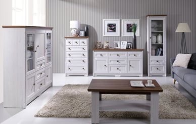 KOMODA VITRINA PETRA PS6 156/155/46  - obrázek borovice sněžná dub sterling