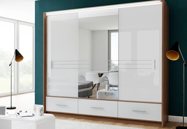 Šatní skříň Jolana L 250//225/61 se zrcadlem švestka lesklé dveře