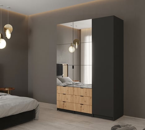 ŠATNÍ SKŘÍŇ JAXON 150/216/47 CM černá dub votan se zrcadlem 