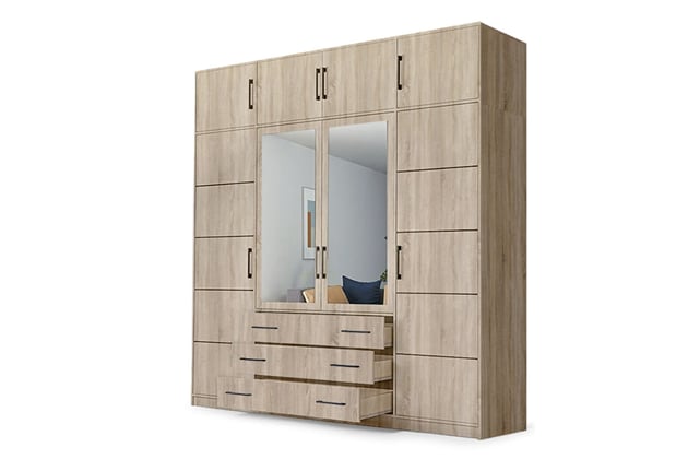 Šatní skříň Stela D4 240/245/57,5 s nástavcem se zrcadlem dub sonoma