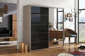 Šatní skříň Alena 11 200x215x62 korpus sonoma,dveře černé lesklé ,zrcadlo