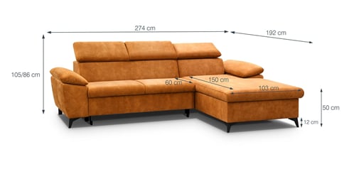 Rohová sedací souprava Coco 274x192 výška sedu 50 cm - rozměry