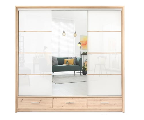 ŠATNÍ SKŘÍŇ ALASKA 255/220/66 se zrcadlem dub artisan lesklé bílé dveře 